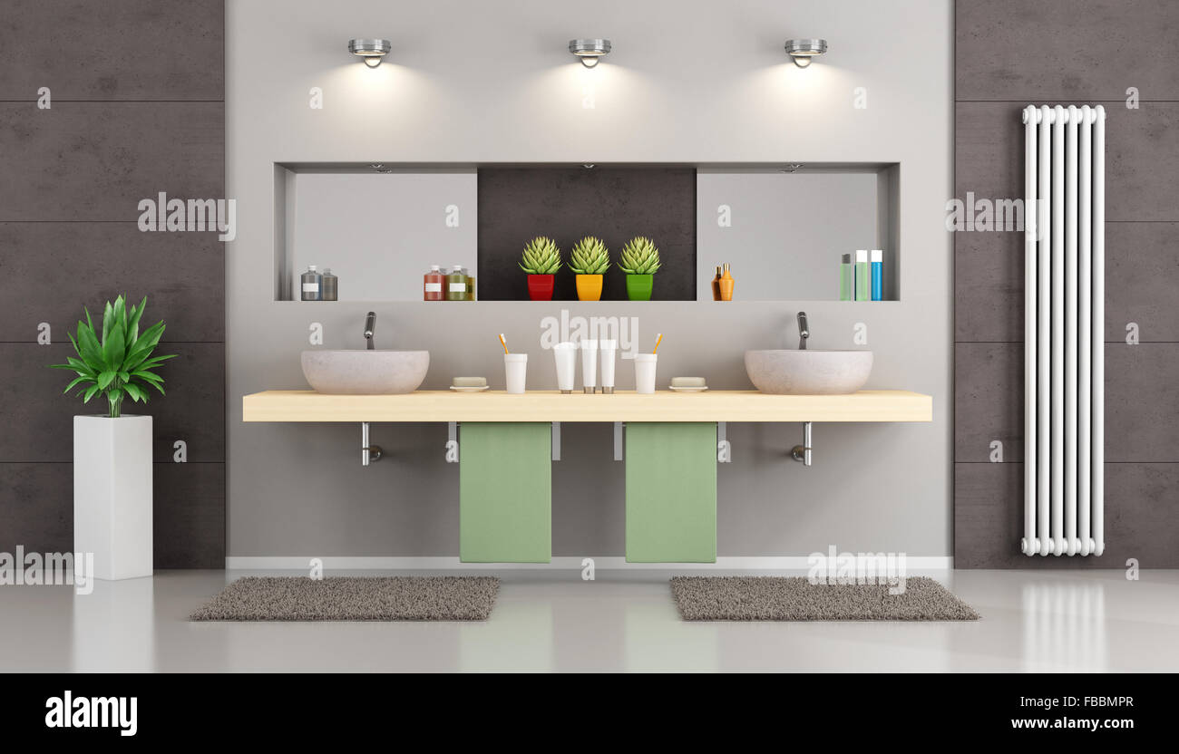 Modern bathroom with double washbasin on, niche with mirror and objects - 3d Rendering Stock Photo