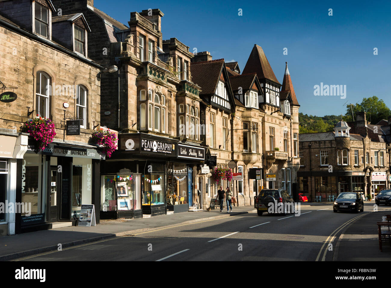 UK, England, Derbyshire, Matlock Bridge, Dale Road, shops in grand Victorian buildings Stock Photo