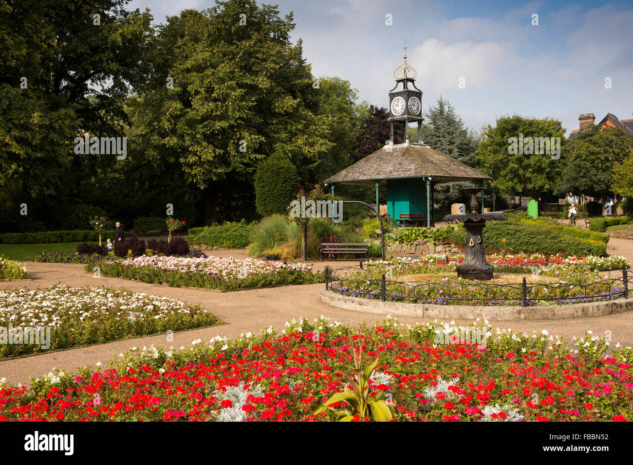 UK, England, Derbyshire, Matlock, Hall Leys Park, floral beds planted around the Old Tram Shelter Stock Photo