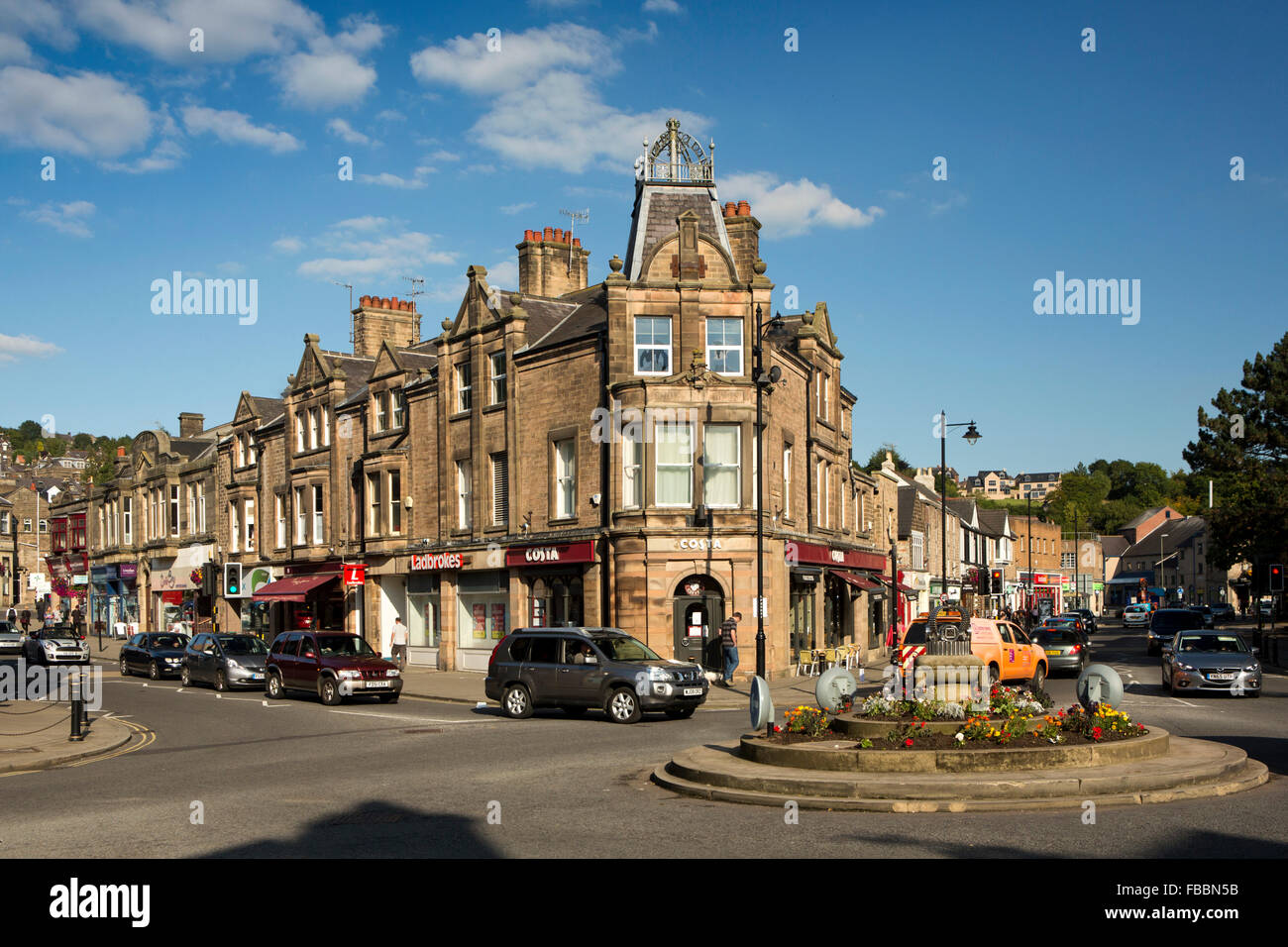 UK, England, Derbyshire, Matlock, Crown Square, Crown Buildings at junction of Bank Road and Causeway Lane Stock Photo