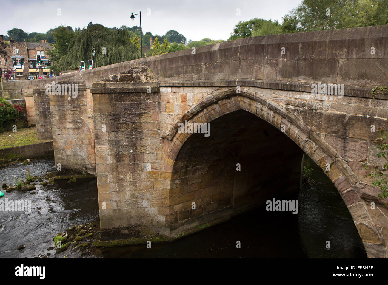 UK, England, Derbyshire, Matlock, old stone bridge over River Derwent Stock Photo
