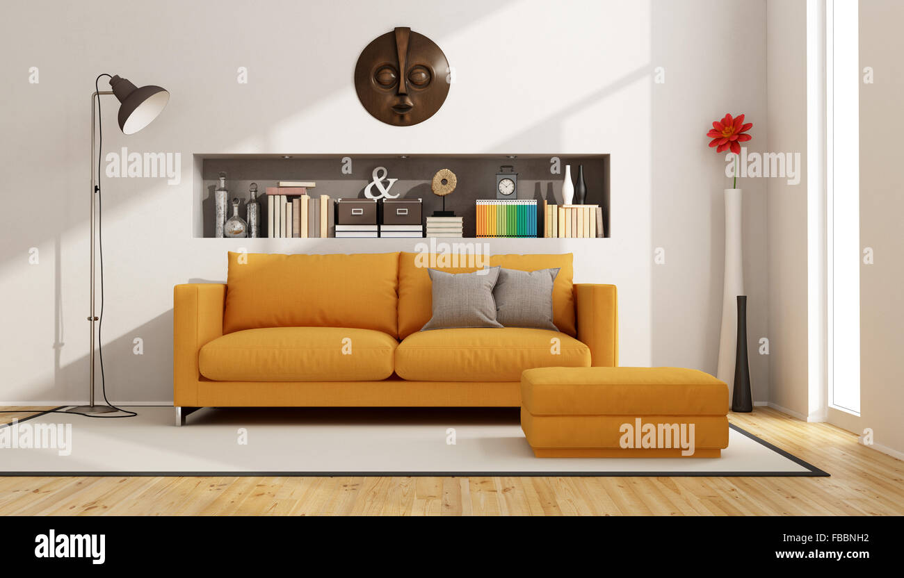 Contemporary living room with sofa, footstool and niche with books and objects - 3D Rendering Stock Photo