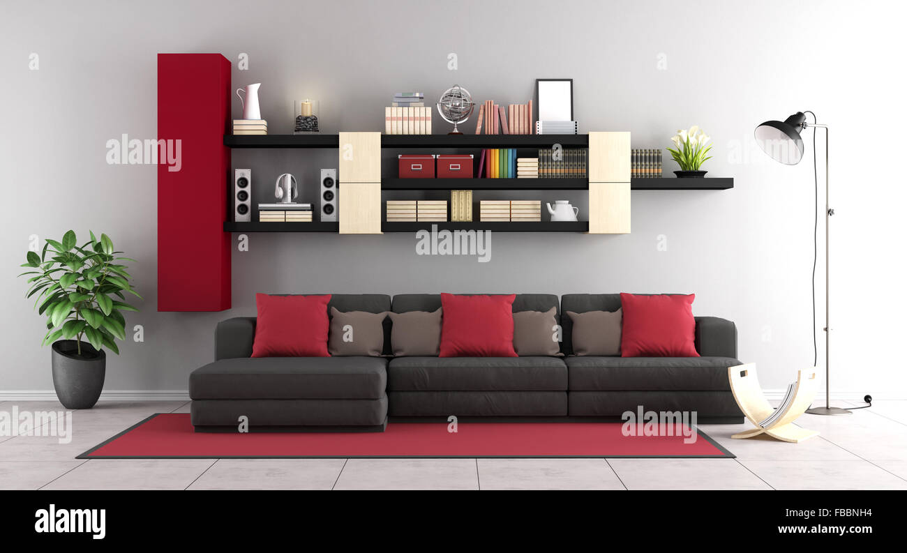 Contemporary living room with black sofa and wall unit on background - 3D Rendering Stock Photo