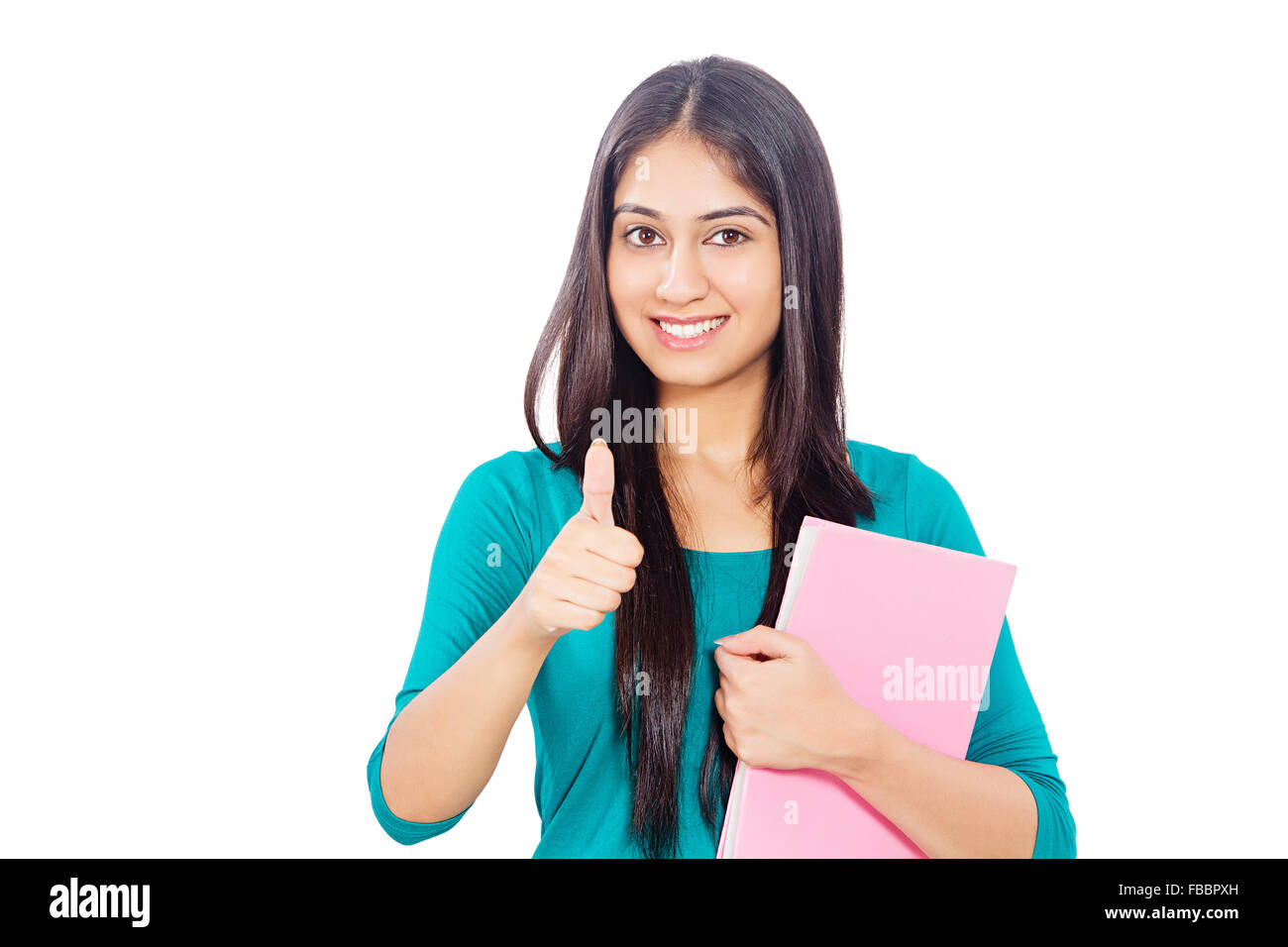 1 indian Young Woman College Student Thumbs Up showing Stock Photo