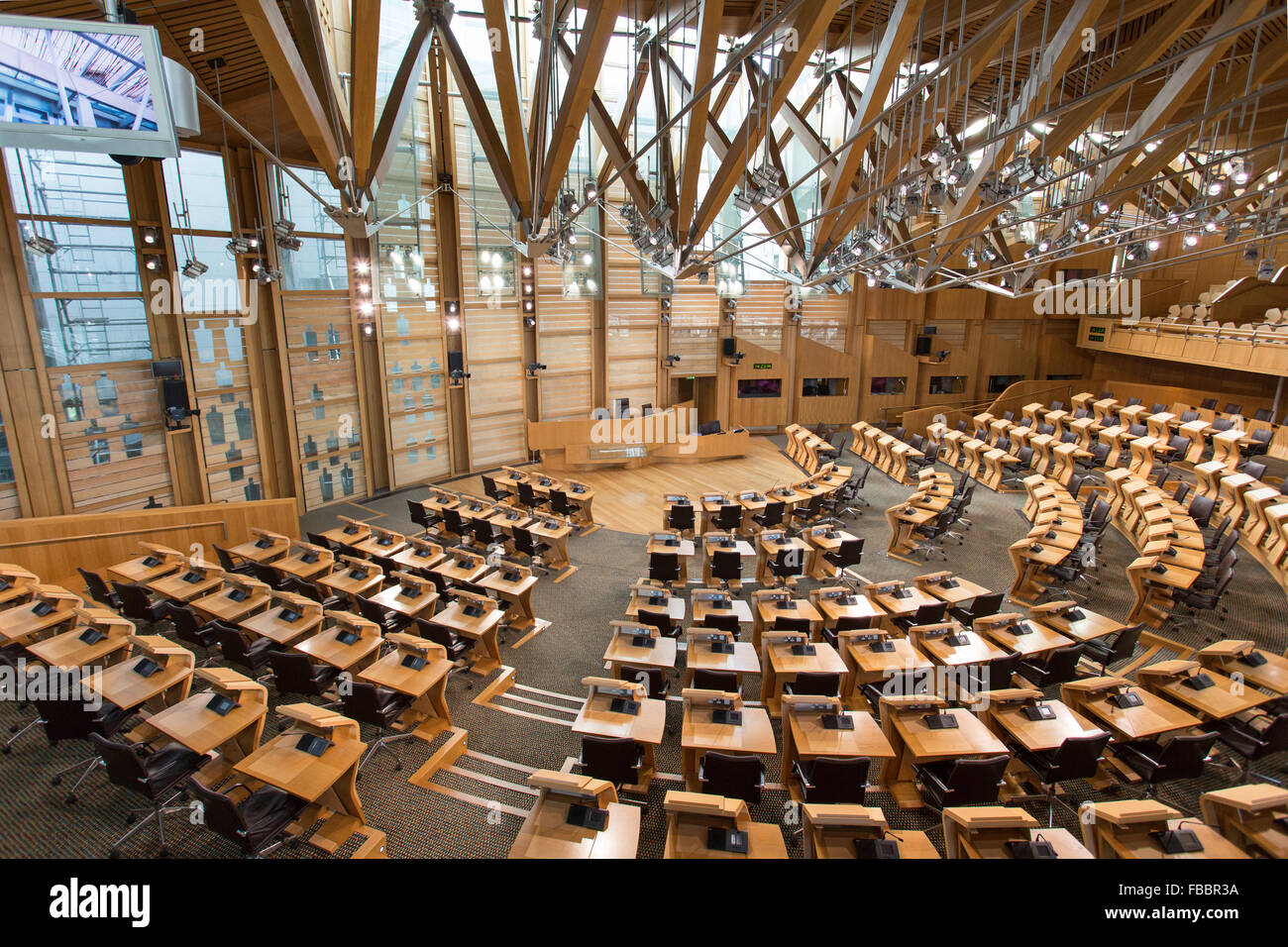 The debating chamber, Scottish Parliament, Holyrood, Edinburgh. Scotland Stock Photo