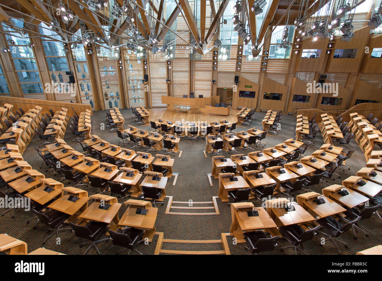 The debating chamber, Scottish Parliament, Holyrood, Edinburgh. Scotland Stock Photo