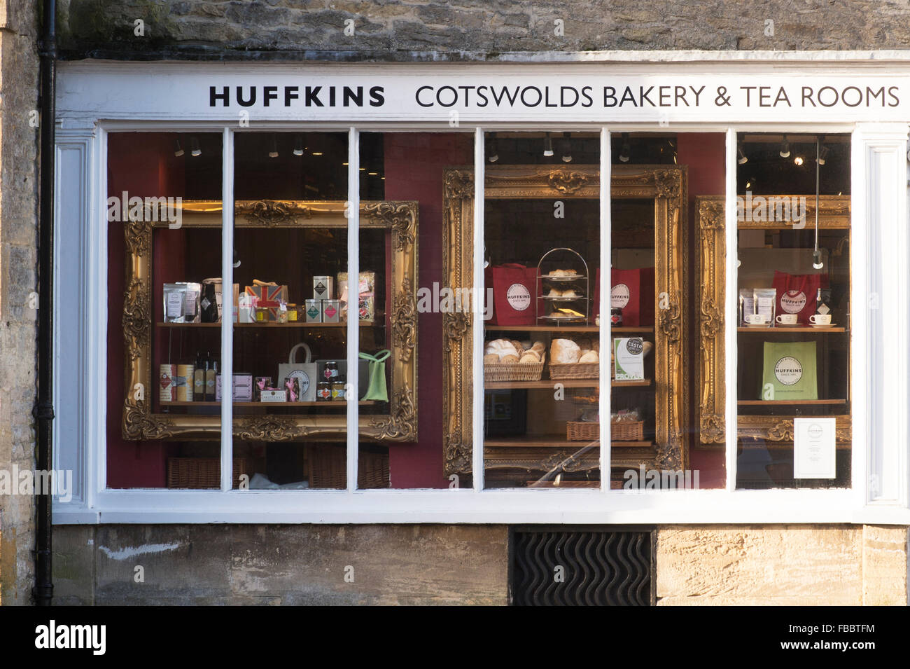 Huffkins Cotswolds bakery and tea rooms window, Stow on the Wold