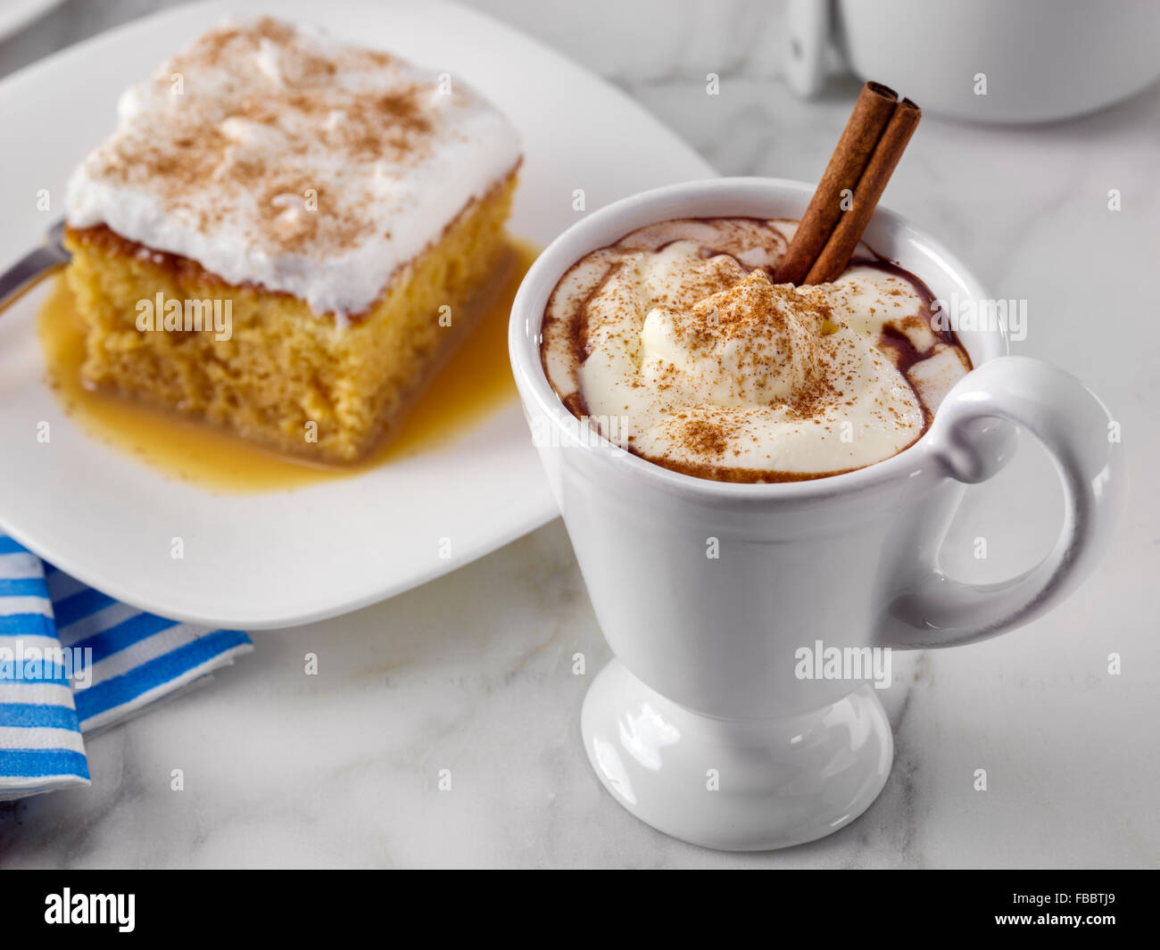 Hot chocolate and Dulce de leche Tres Leches Stock Photo
