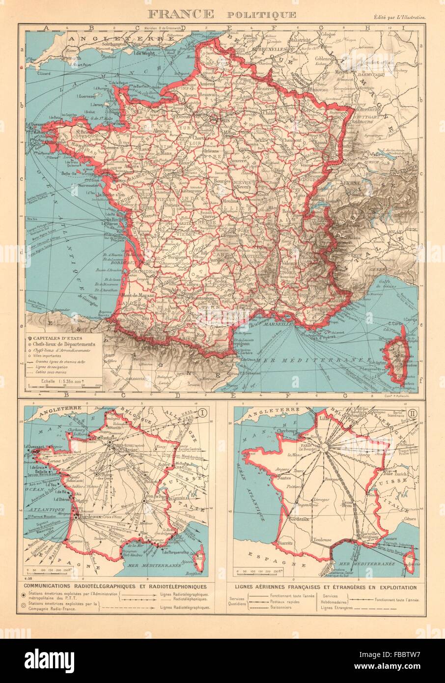 FRANCE Communications radiotéléphoniques. Lignes aériennes. Air routes, 1938 map Stock Photo