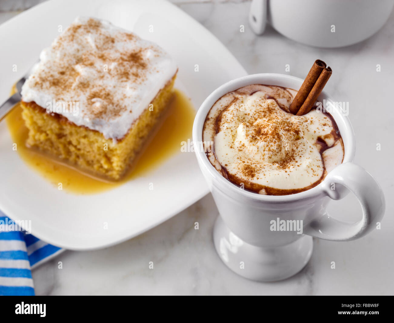 Hot chocolate and Dulce de leche Tres Leches Stock Photo