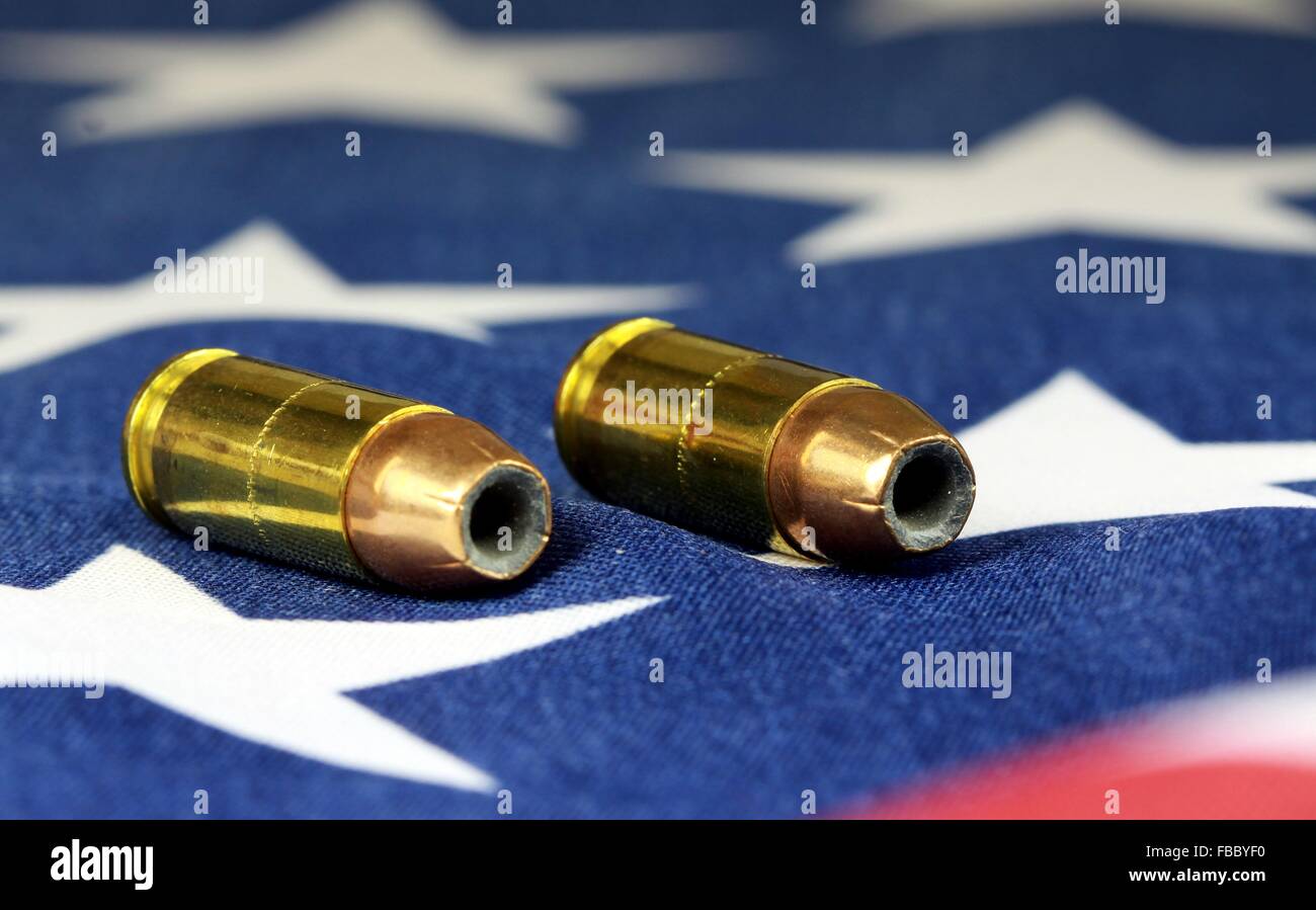 Ammunition on United States flag - Second Amendment Rights Stock Photo