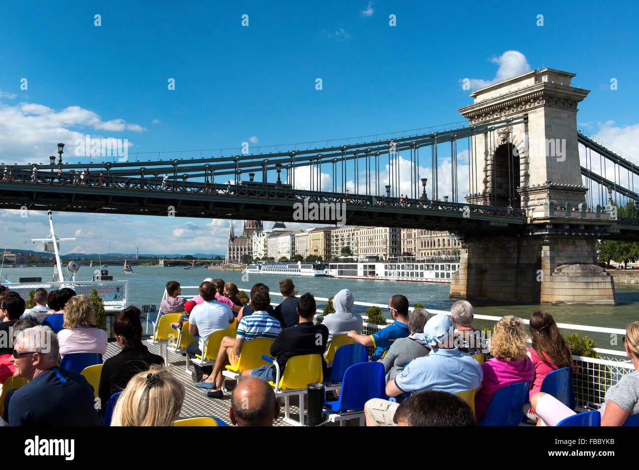 Szechenyi Chain Bridge, River Danube, Budapest, Hungary, Tourist boat, Stock Photo
