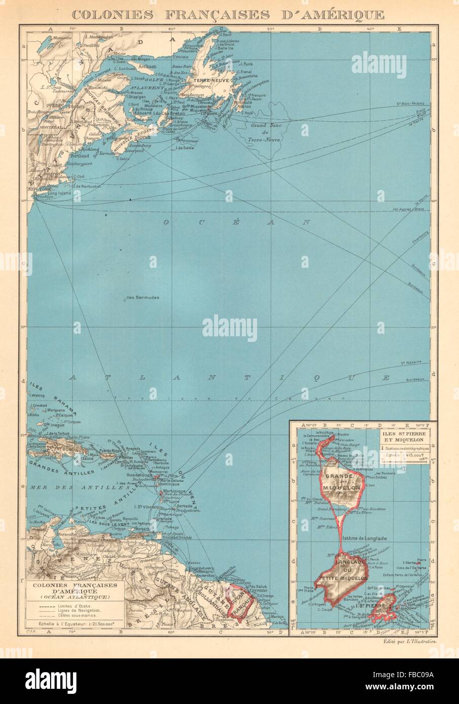 FRENCH AMERICAS. Colonies Françaises d' Amerique. St-Pierre et Miquelon 1938 map Stock Photo