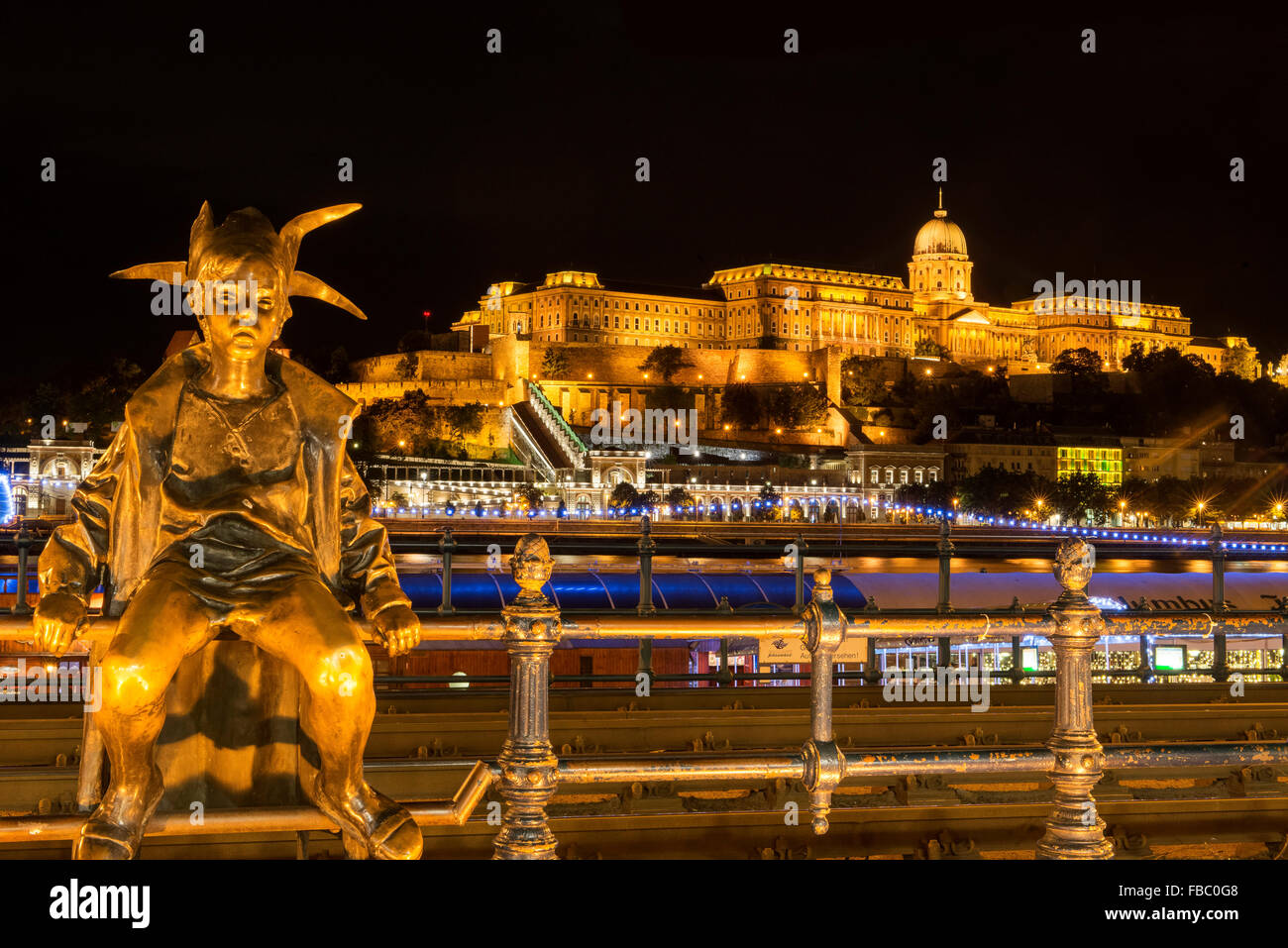 The Royal Palace, National Museum, River Danube, Dusk, Budapest, Hungary,The Little Princess statue, Stock Photo