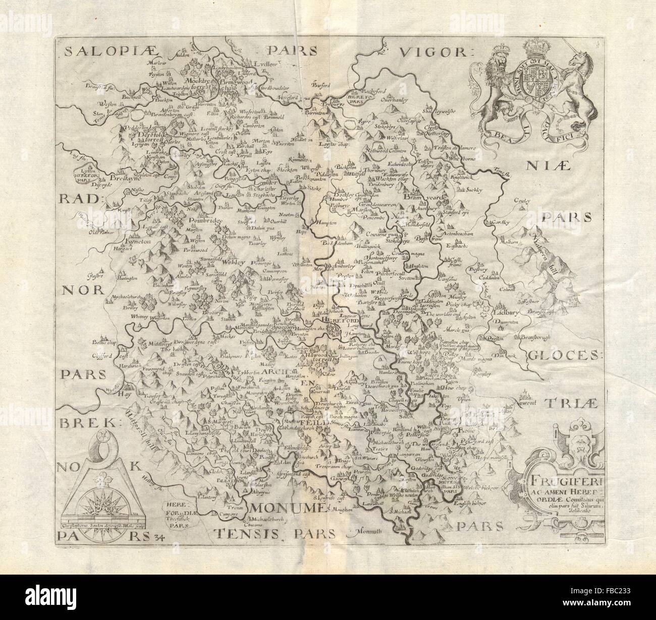 HEREFORDSHIRE. 'Frugiferi ac ameni Herefordiae comitatus'. SAXTON/HOLE, 1637 map Stock Photo