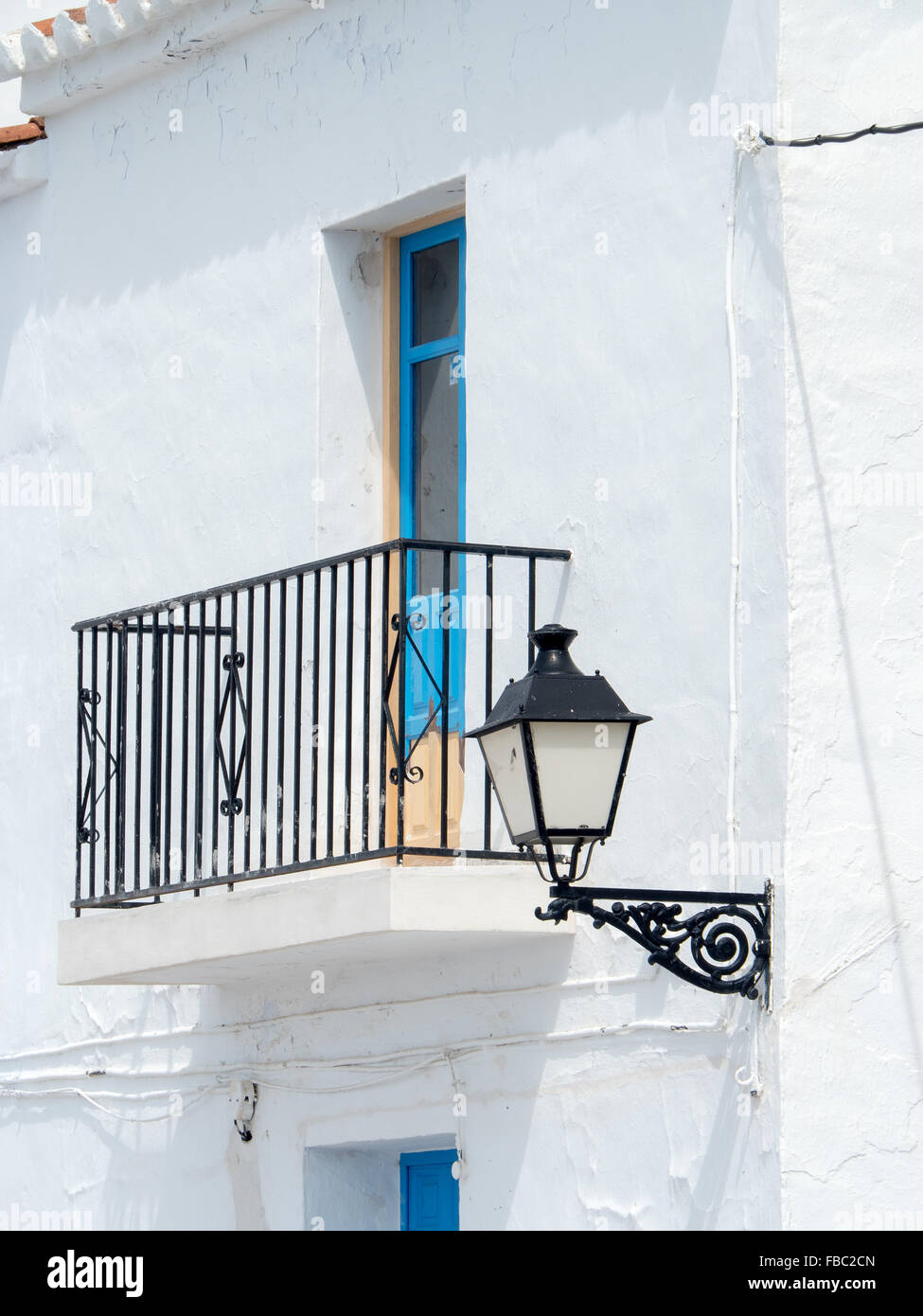 Balcony and Street Light, Frigiliana a white town near Nerja, Costa Del Sol, Andalusia, Spain, Stock Photo