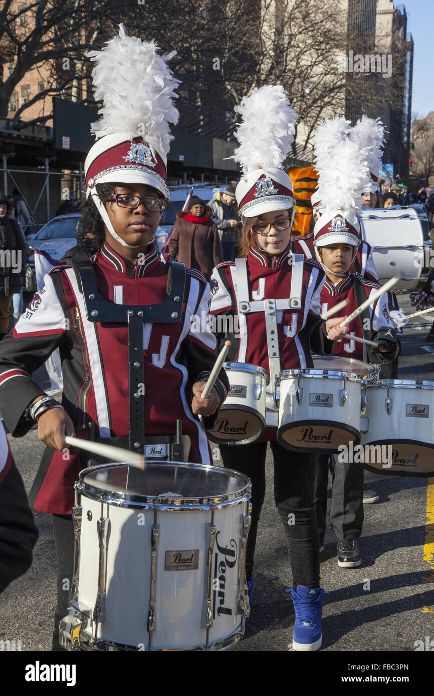 The annual Three Kings Day Parade in Spanish Harlem is sponsored by El Museo del Barrio located on 5th Avenue in NYC. Junior High School marching band. Stock Photo