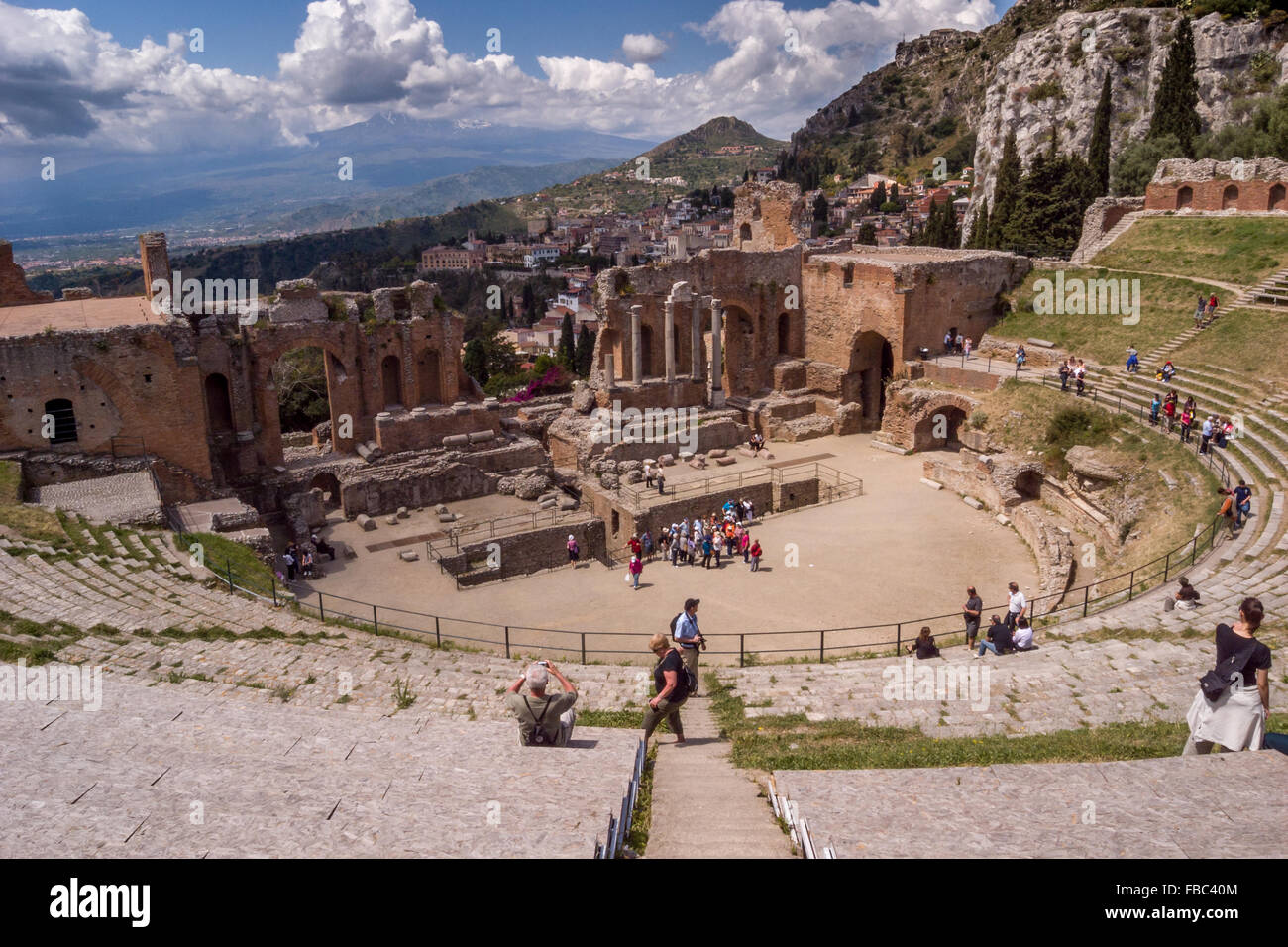 The ancient Roam amphitheatre at Taormina, Sicily, Italy. Stock Photo