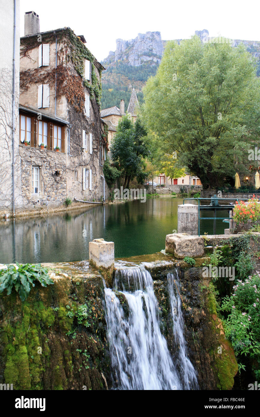 View of a manmade lake and waterfall at Florac in the Cevennes