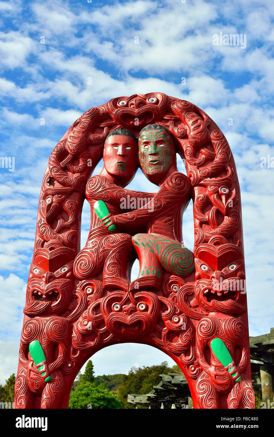 Carved entrance to Rotorura’s 'Te Puia' a top Rotorua attraction with geothermal area and the Pohutu Geyser, & maori village,Rotorua,North Island,NZ Stock Photo