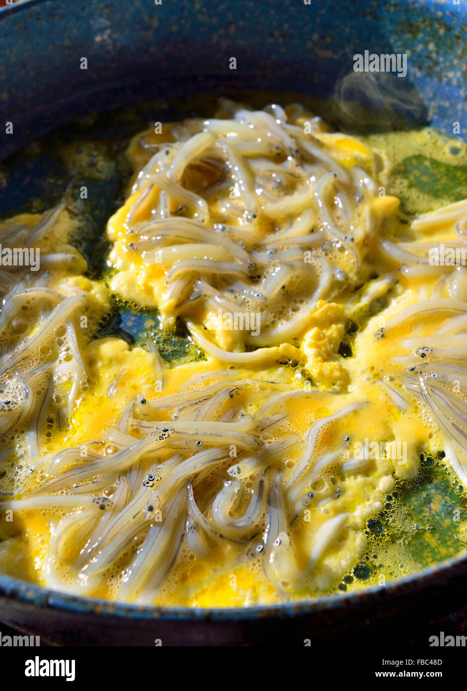 South Island New Zealand's  whitebait being fried into whitebait  fritters or patties in a frying pan with eggs ready to be served, Haast,New Zealand Stock Photo