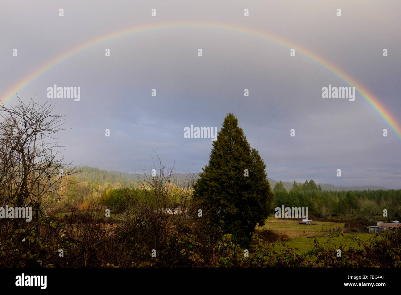 Rainbow stretching across the sky after a big rainstorm in Oregon. Stock Photo