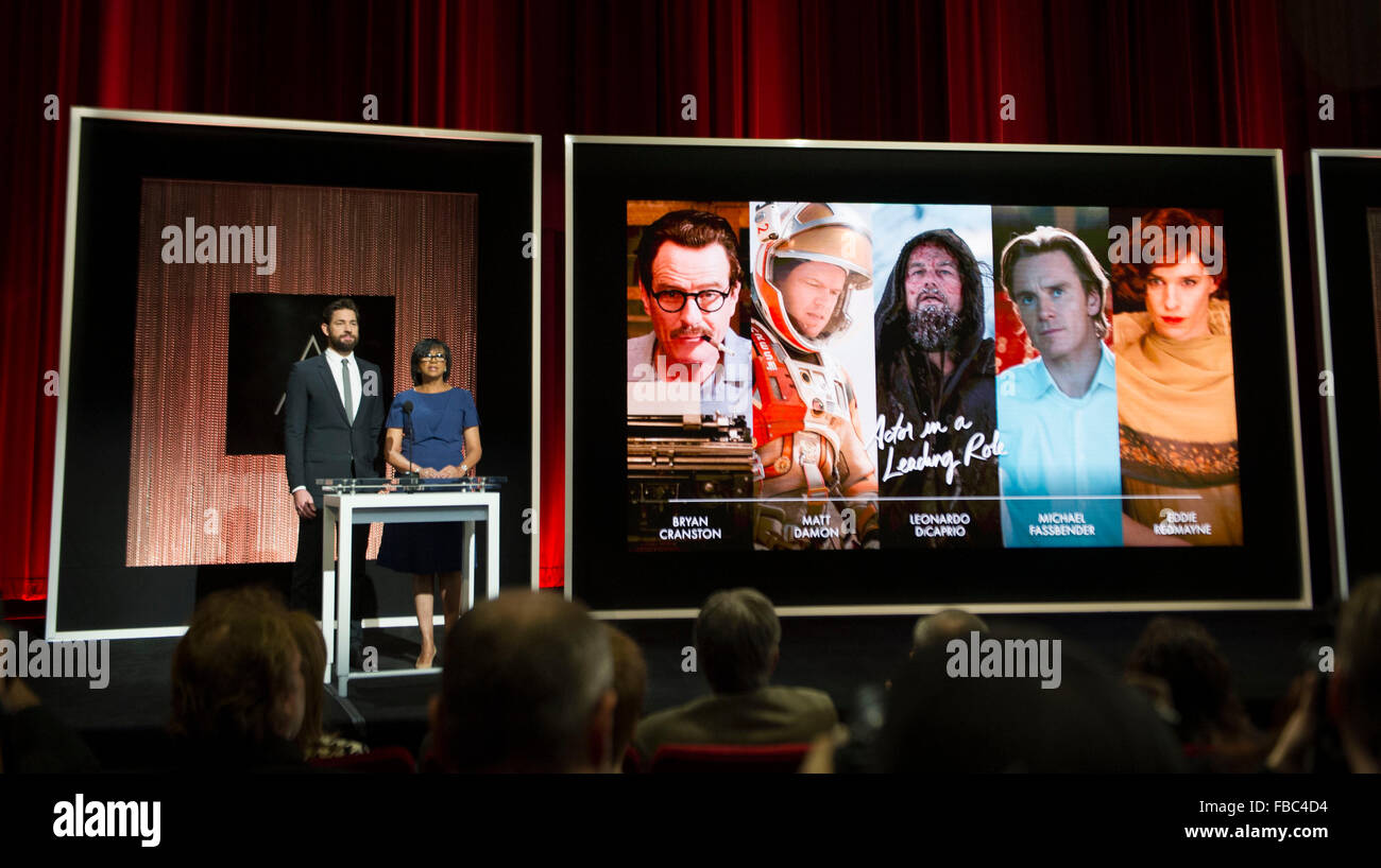Los Angeles, USA. 14th Jan, 2016. Actor John Krasinski (L) and Academy of Motion Picture Arts and Sciences President Cheryl Boone Isaacs (R) announce the nominees for Best Actor during the Academy Awards Nominations Announcement at the Samuel Goldwyn Theater in Beverly Hills, California on Jan. 14, 2016. © Yang Lei/Xinhua/Alamy Live News Stock Photo
