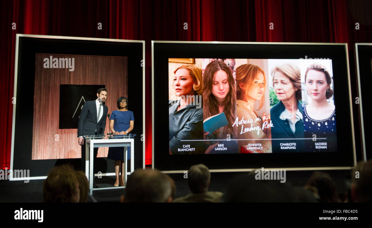 Los Angeles, USA. 14th Jan, 2016. Actor John Krasinski (L) and Academy of Motion Picture Arts and Sciences President Cheryl Boone Isaacs (R) announce the nominees for Best Actress during the Academy Awards Nominations Announcement at the Samuel Goldwyn Theater in Beverly Hills, California on Jan. 14, 2016. © Yang Lei/Xinhua/Alamy Live News Stock Photo
