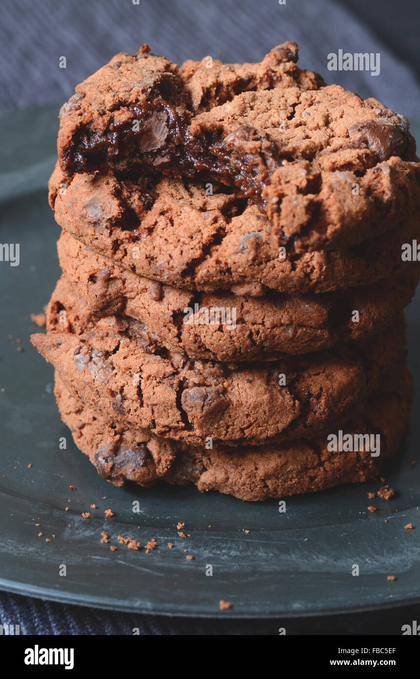 Chocolate chip cookies on dark background Stock Photo