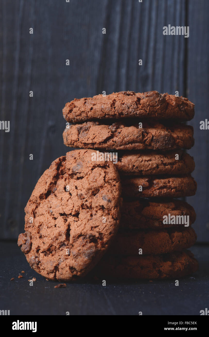 Chocolate chip cookies on dark background Stock Photo