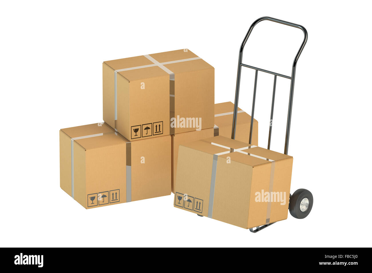Hand truck with cardboard boxes isolated on white background Stock Photo
