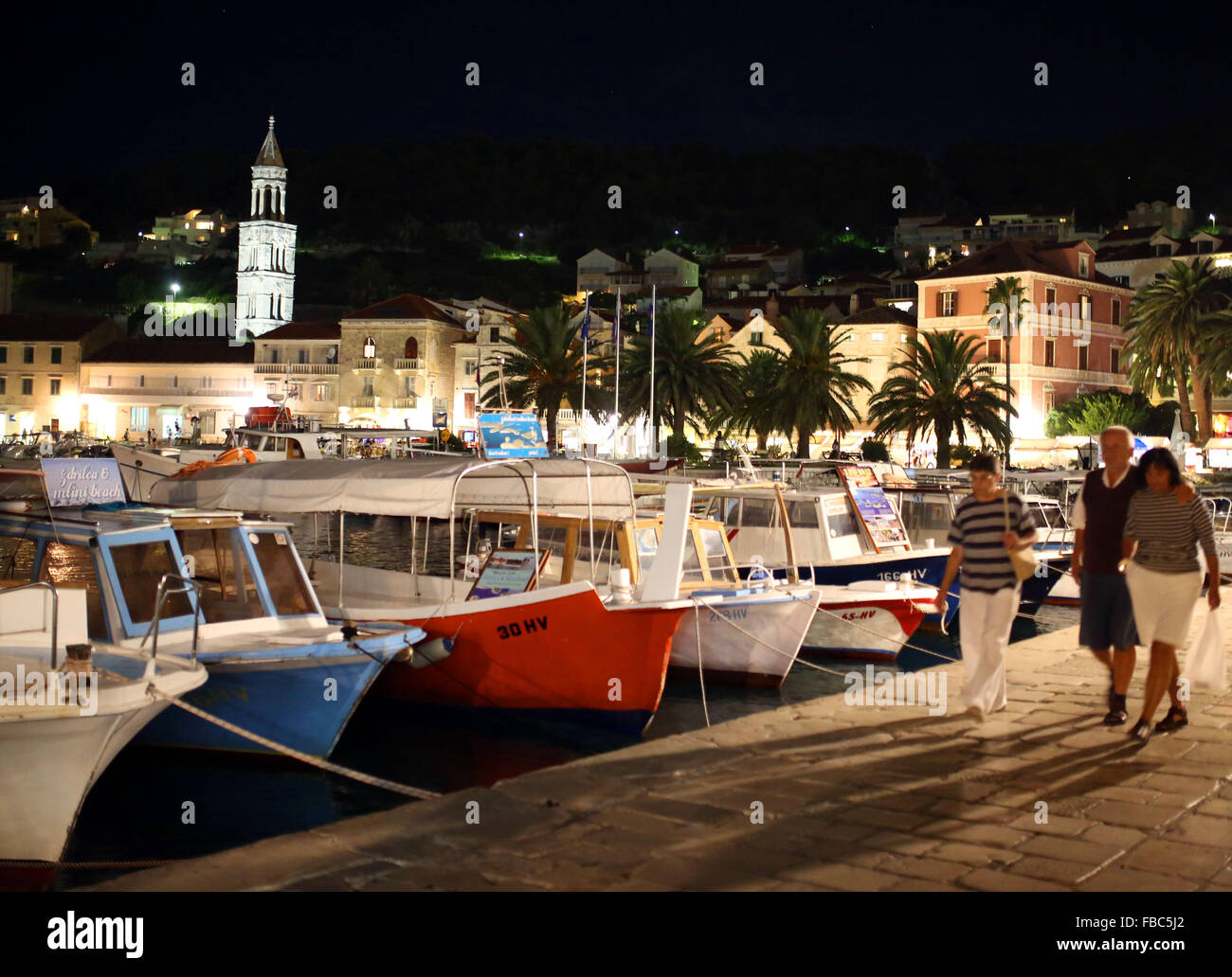 Nighttime harbour scene in Hvar Town, Hvar Island, Croatia Stock Photo
