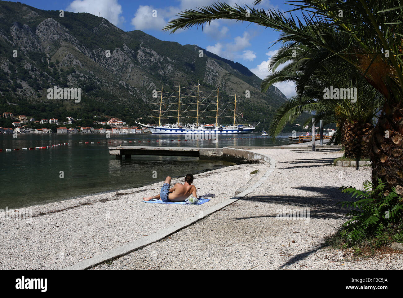 Tall ship seen in the Bay of Kotor, Montenegró Stock Photo