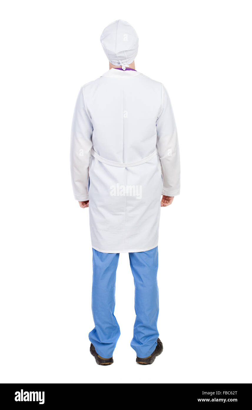 Back view of doctor in robe. Standing young guy. Rear view people collection.  backside view of person.  Isolated over white Stock Photo