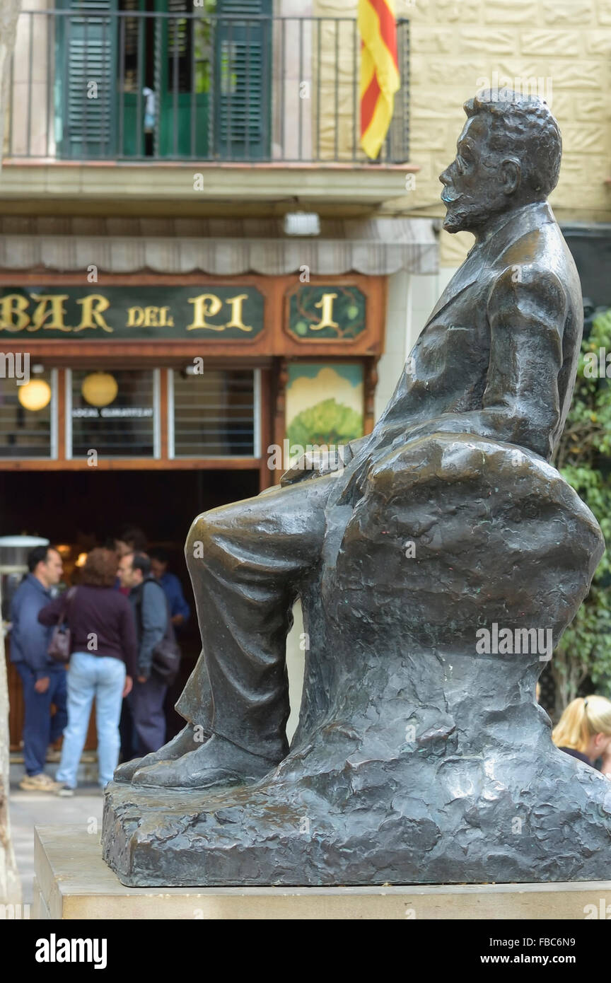 Angel Guimera Statue. Plaza del Pi square in Barcelona, Catalonia, Spain. Europe Stock Photo
