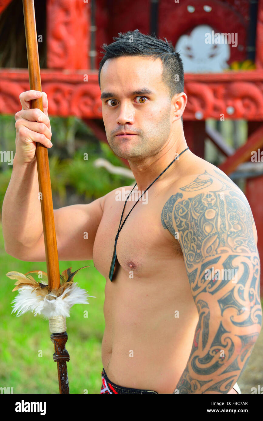 Maori warrior (toa) taking a menacing pose at the Te Puia Culture