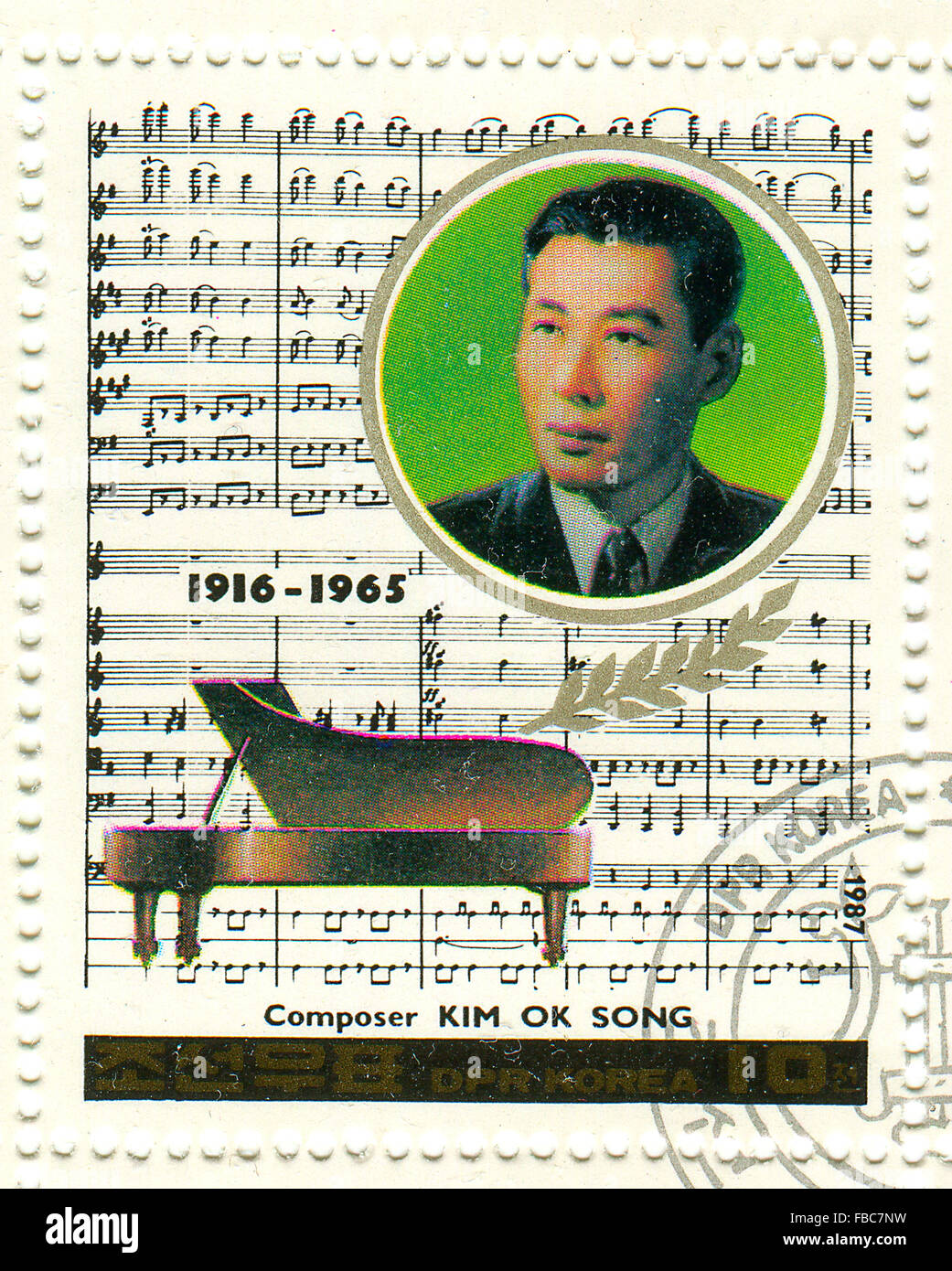 GOMEL,BELARUS - JANUARY 2016: A stamp printed in North Korea shows image of the anniversary of the death composers, circa 1987. Stock Photo