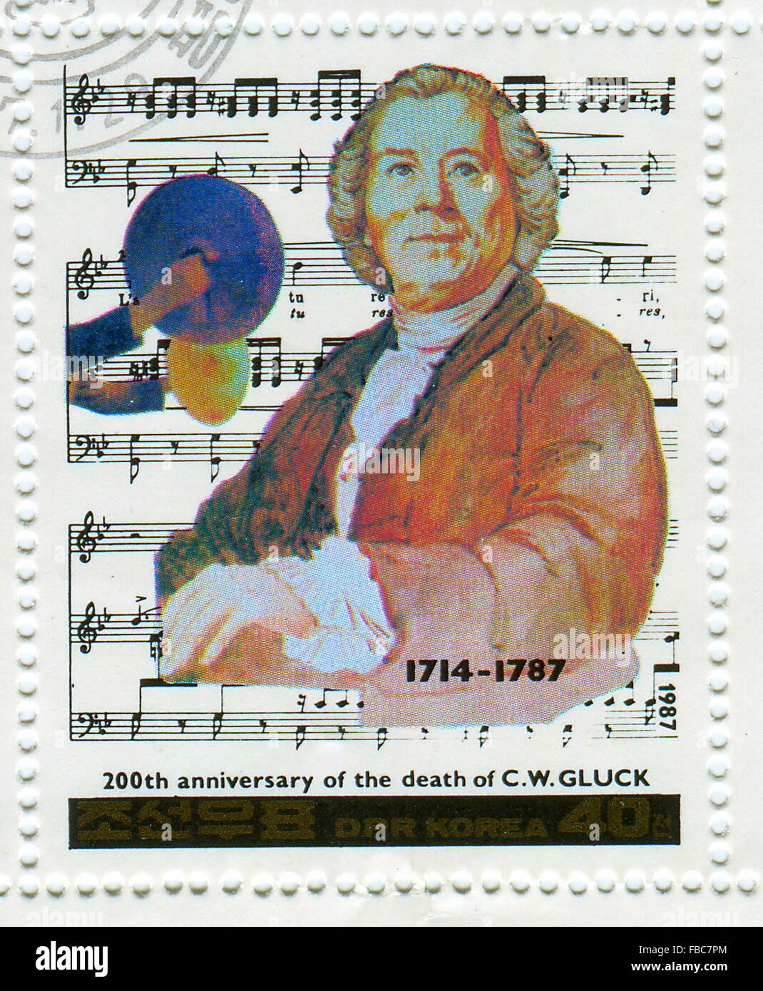GOMEL,BELARUS - JANUARY 2016: A stamp printed in North Korea shows image of the anniversary of the death composers, circa 1987. Stock Photo
