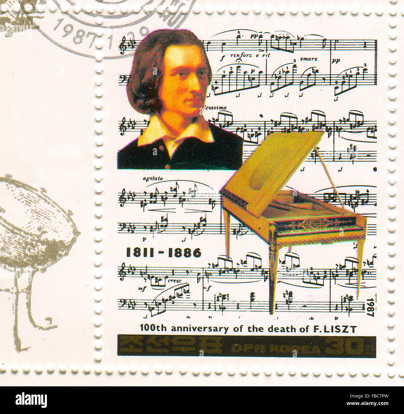 GOMEL,BELARUS - JANUARY 2016: A stamp printed in North Korea shows image of the anniversary of the death composers, circa 1987. Stock Photo