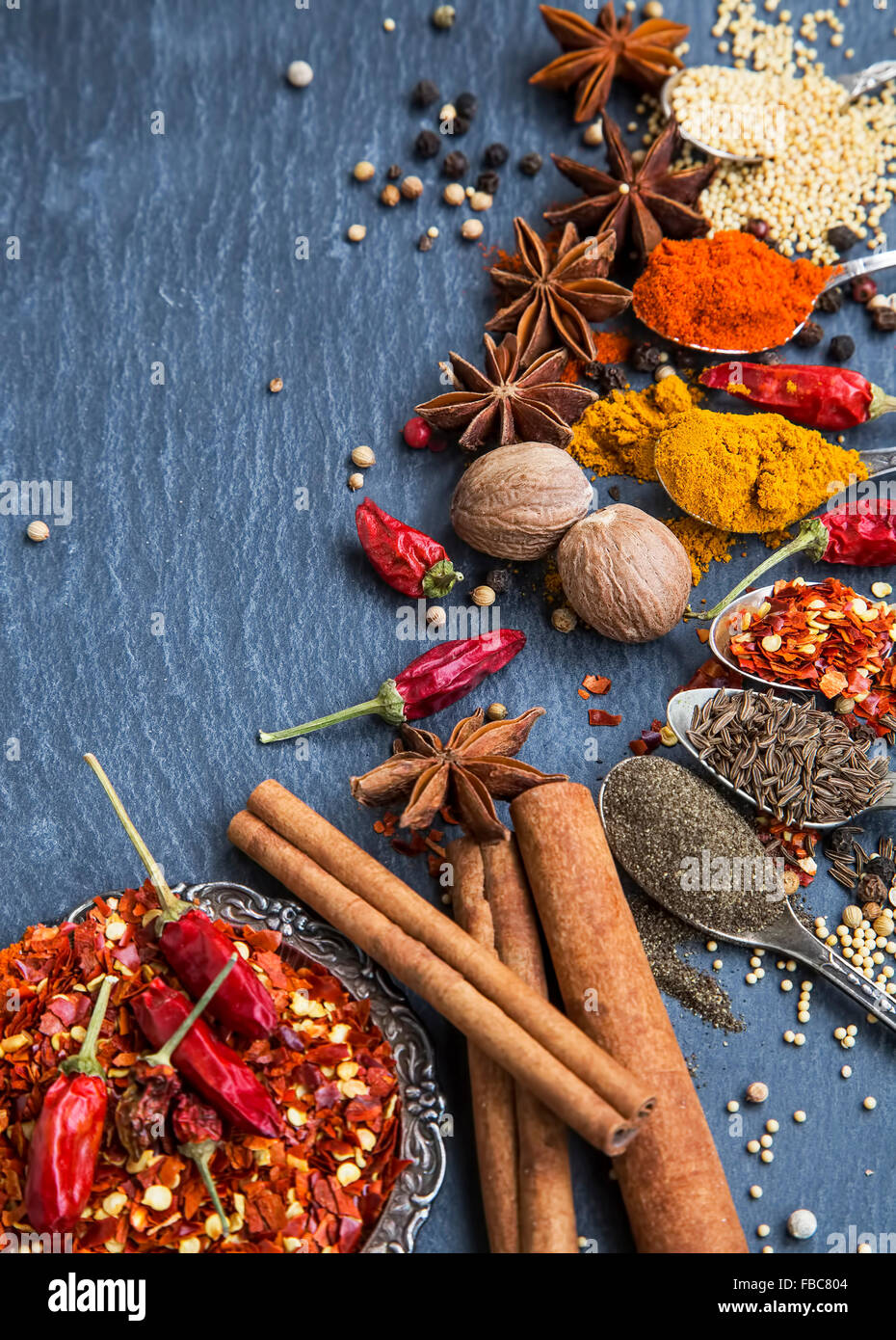 Indian spices with anise,cinnamon,curry,pepper,coriander,cumin,nutmeg