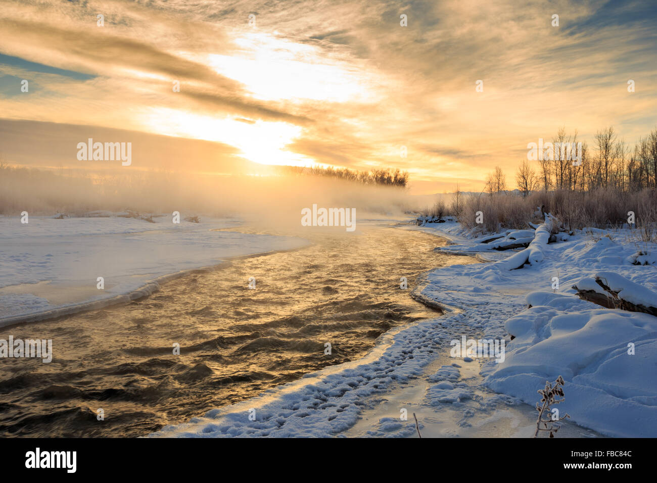 Snowy winter morning sunrise over river and forest landscape Stock ...