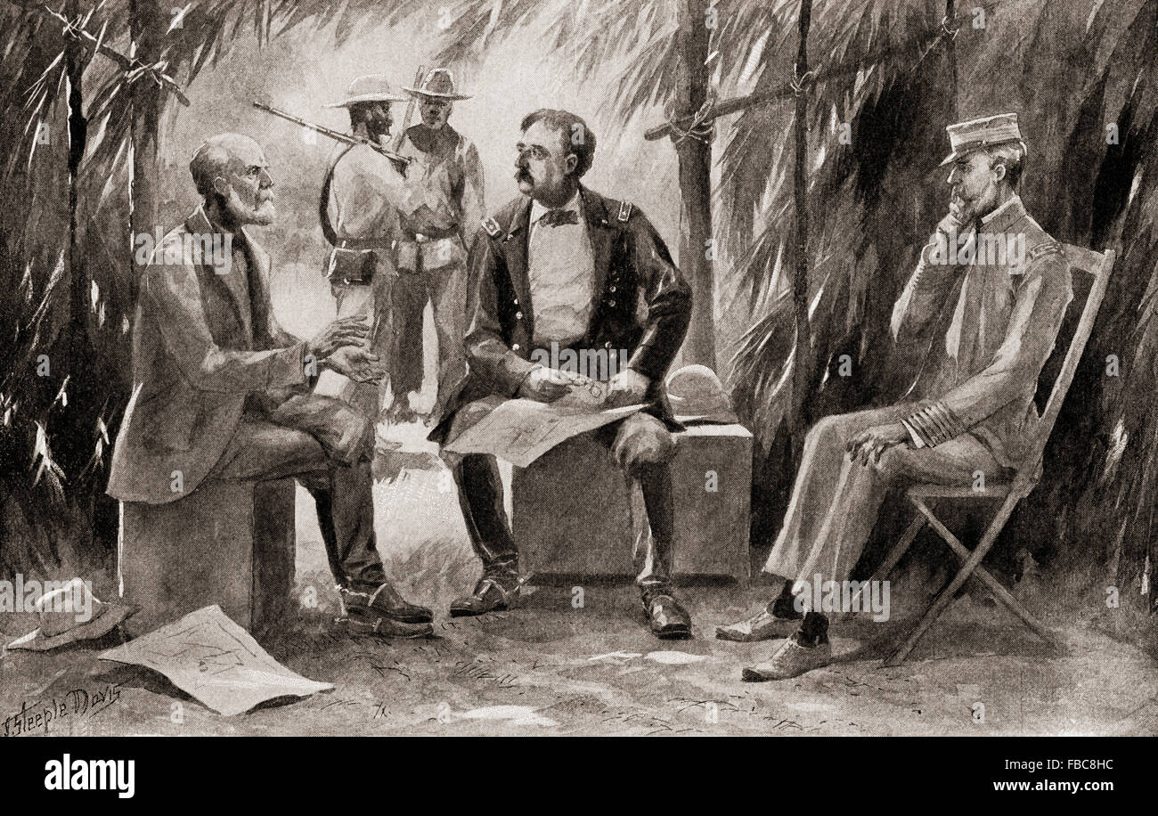 Generals Garcia, left, Shafter, centre and Admiral Sampson, right, in conference during the Spanish-American War.  Calixto García Iñiguez,1839 – 1898.  Cuban general.  William Rufus Shafter, 1835 – 1906.  American general. William Thomas Sampson, 1840 – 1902.  United States Navy rear admiral. Stock Photo