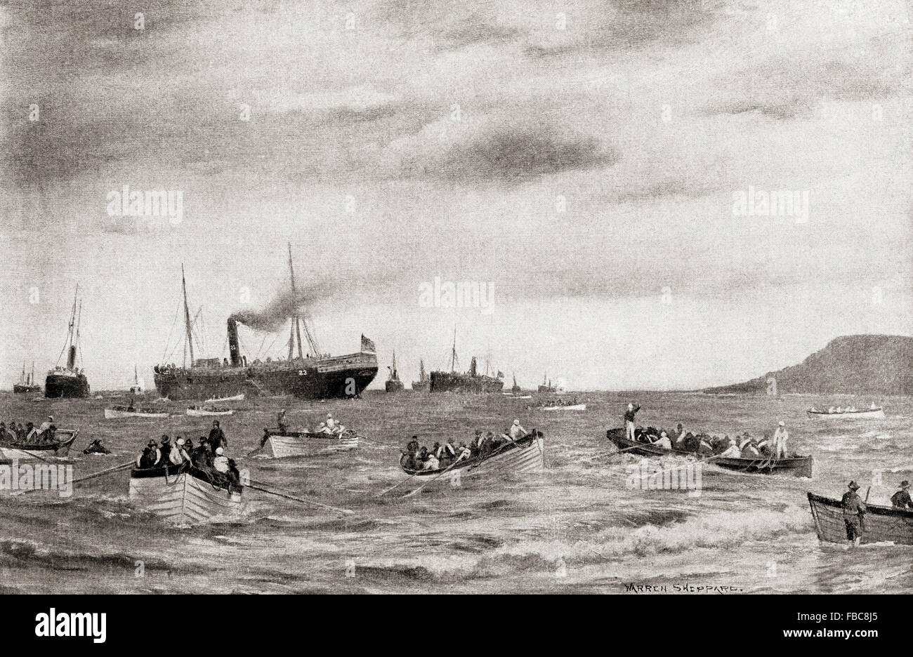 The landing of United States troops from transports at Daiquiri, Cuba at the start of the Spanish-American war in 1898. Stock Photo