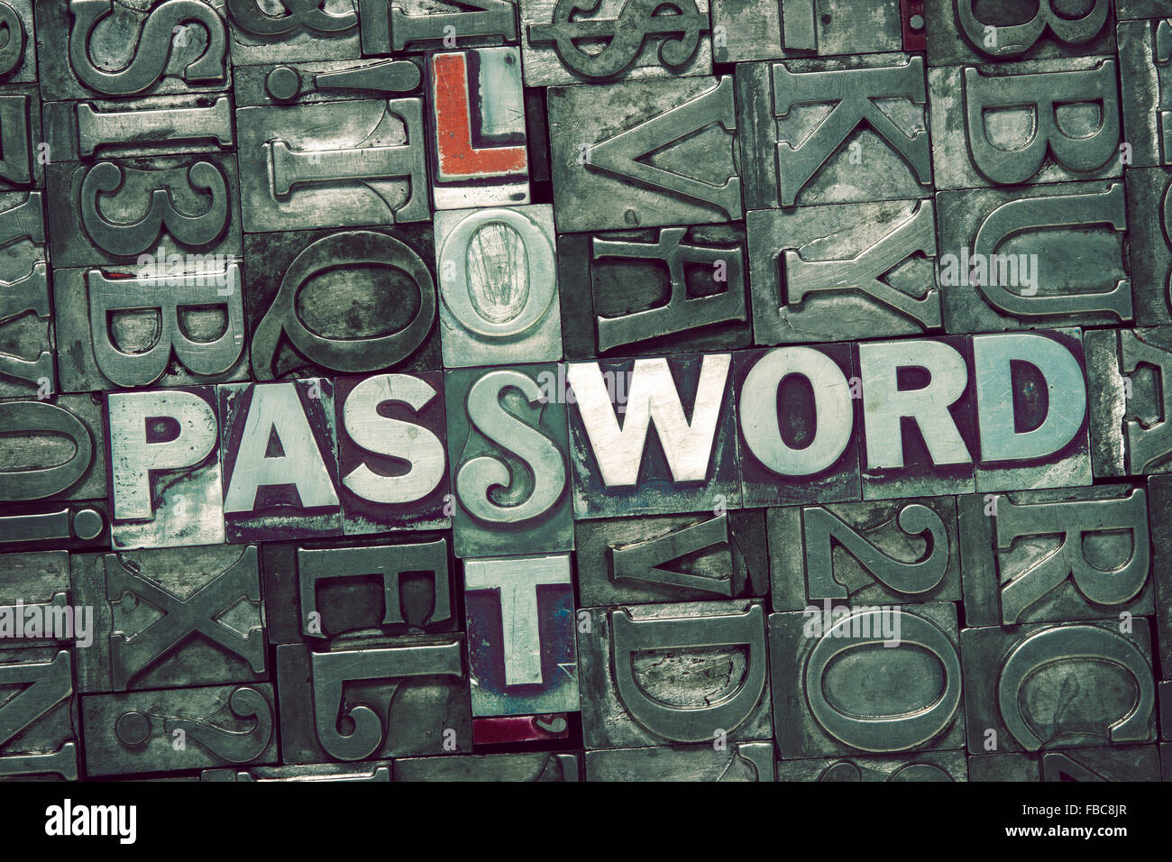 lost password crossword concept made from metallic letterpress blocks on letters background Stock Photo