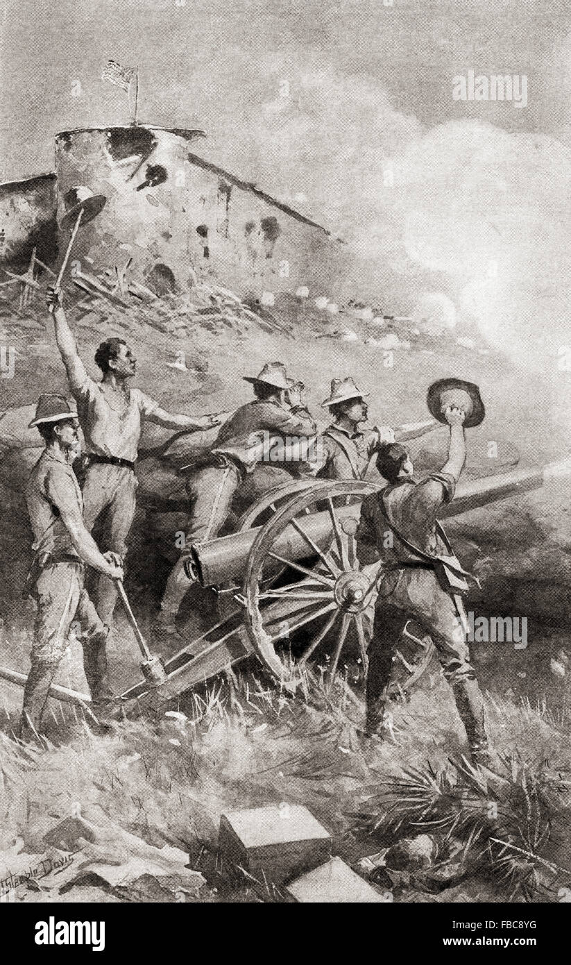 Capron's battery in action at The Battle of Las Guasimas, Cuba, June 24, 1898, the first land engagement of the Spanish–American War.  Captain Allyn K. Capron, 1871–1898.  Army officer in the Rough riders, 1st United States Volunteer Cavalry and first man to die in the Spanish–American War. Stock Photo