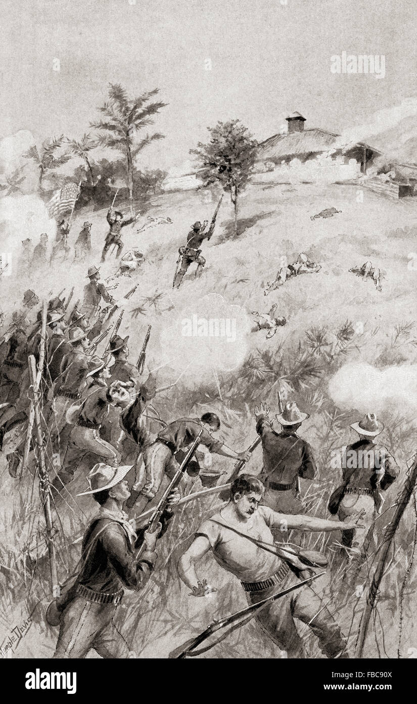 Charge of the Rough Riders at The Battle of San Juan Hill, near Santiago de Cuba, Cuba,  July 1, 1898, aka the battle for the San Juan Heights, decisive battle of the Spanish–American War. Stock Photo