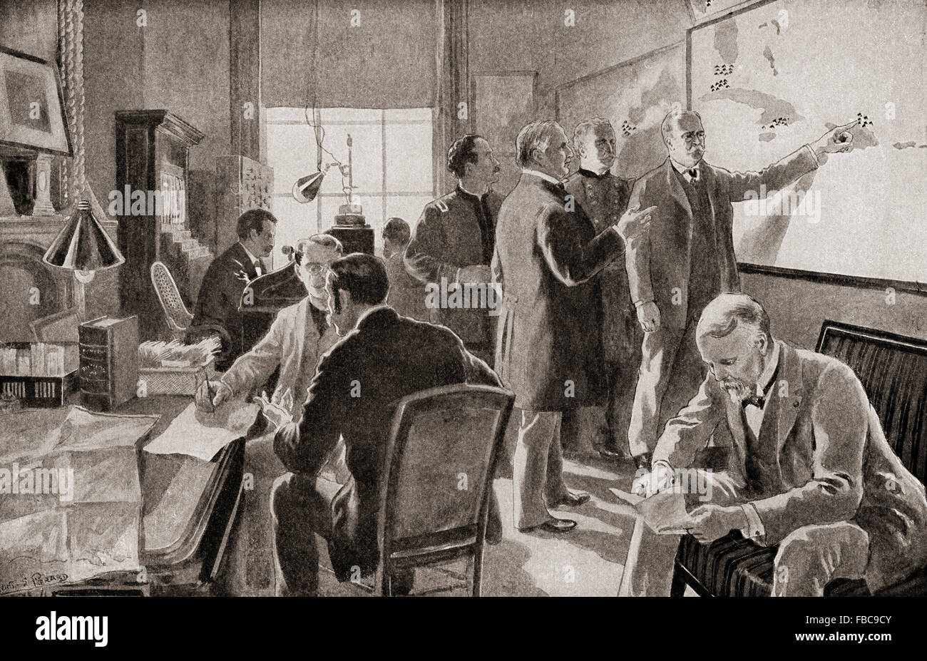 The war room at Washington D.C., United States of America around the time of the Spanish-American War, 1898. Stock Photo