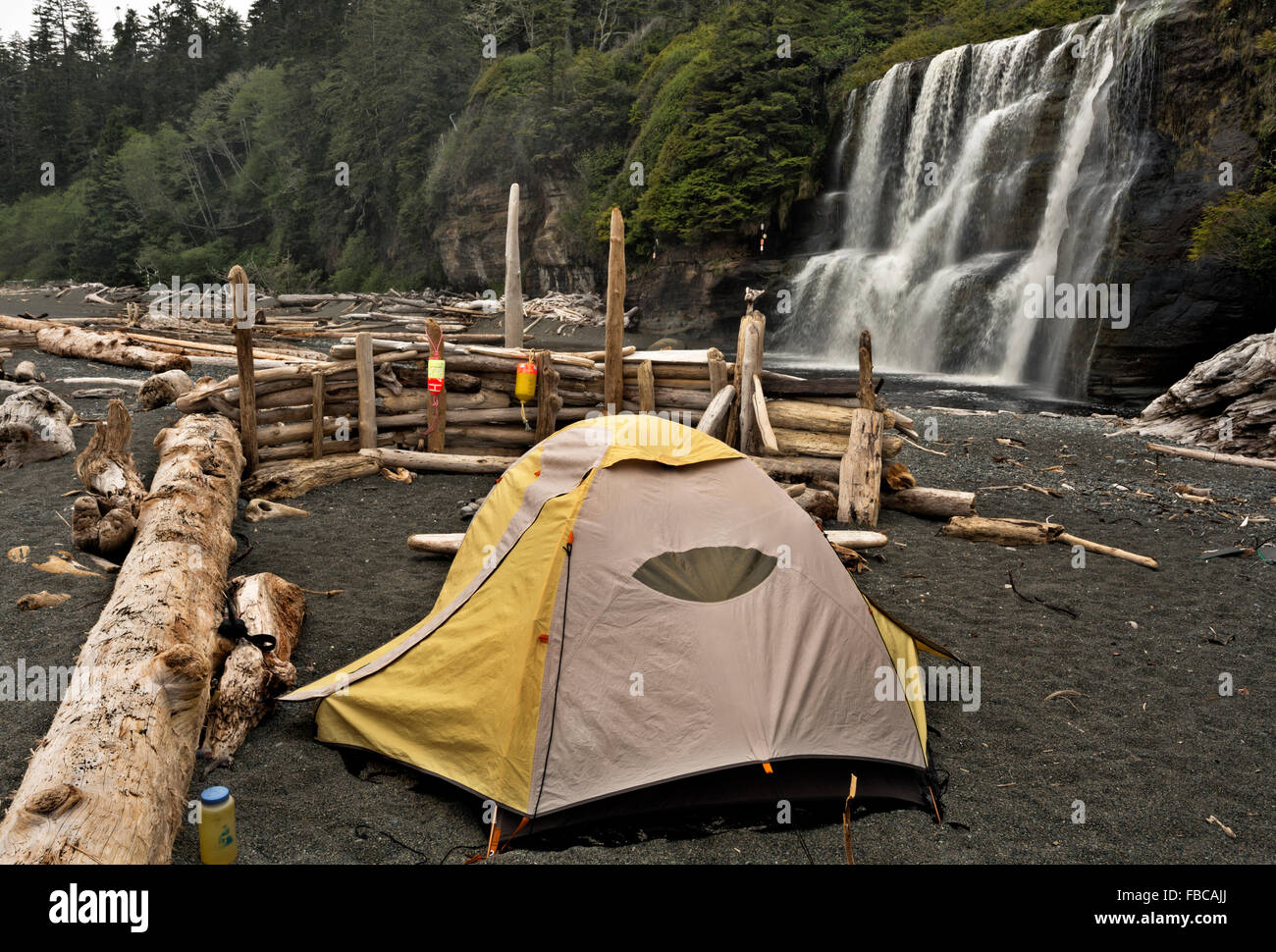 BRITISH COLUMBIA- Campsite at Tsusiat Falls in the West Coast Trail section of the Pacific Rim National Park on Vancouver Island Stock Photo