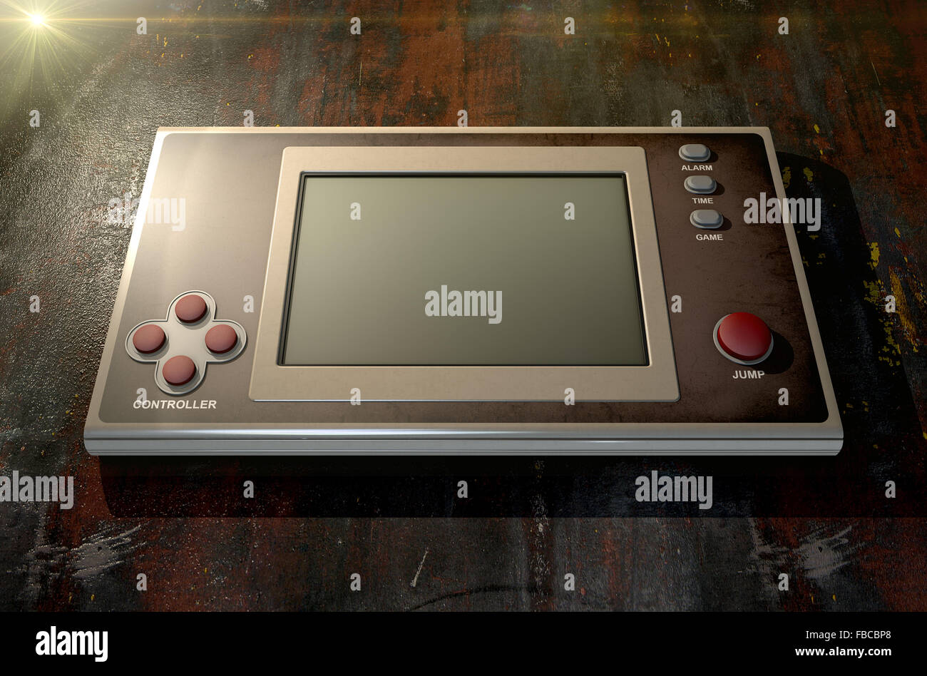 A vintage handheld video game console with a blank screen on a dark
