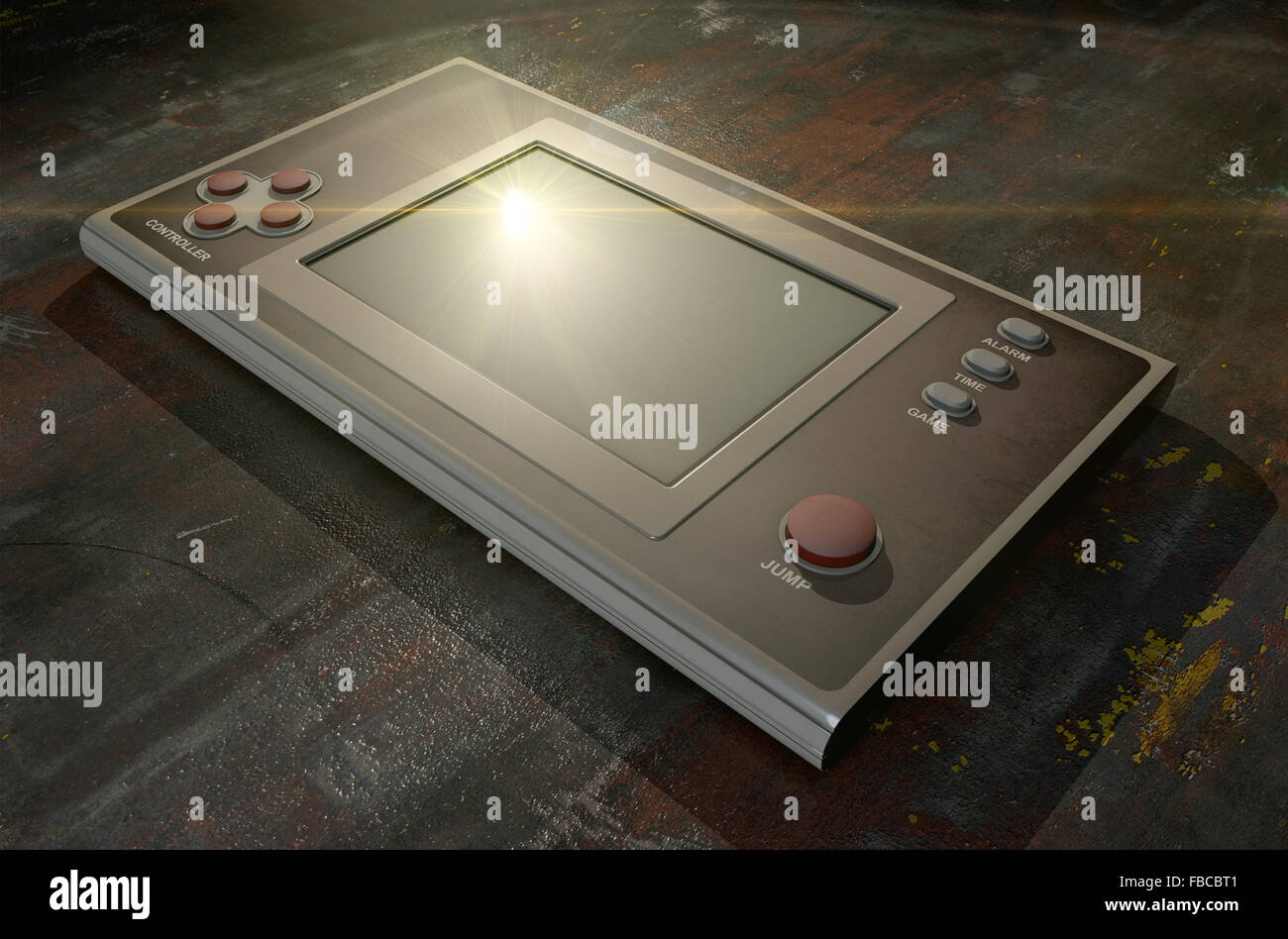 A vintage handheld video game console with a blank screen on a dark